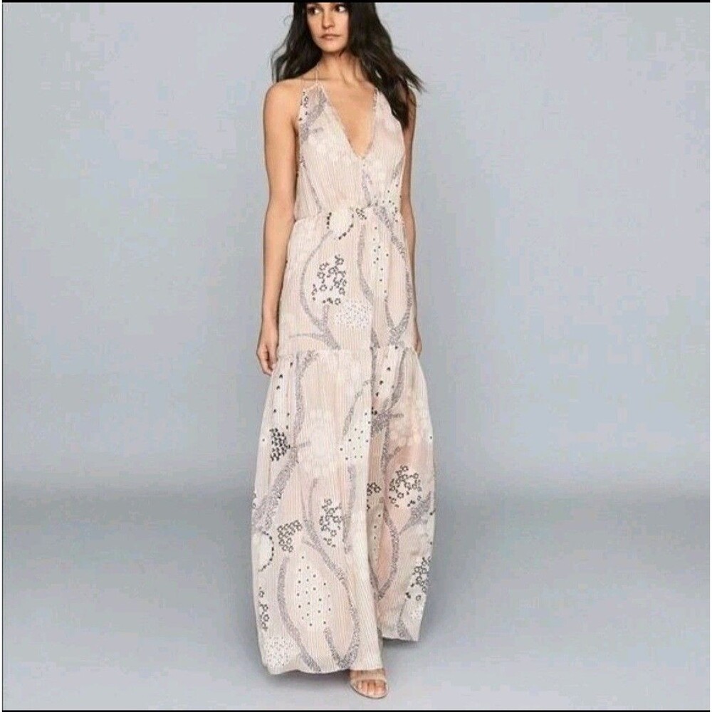 Reiss Pale Pink and Silver Embellished V-Neck Maxi Dress